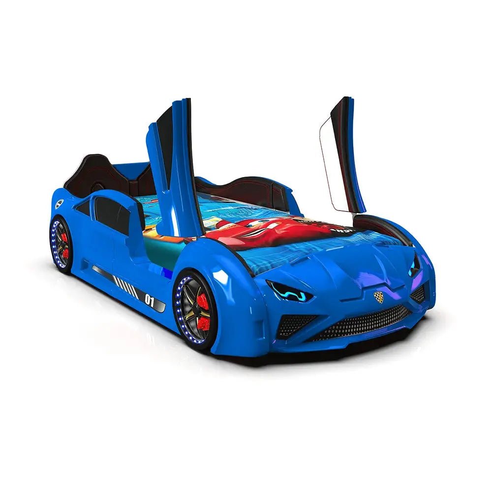 Lambo Race Car Bed for Kids with Led Lights & Sound Effects Blue