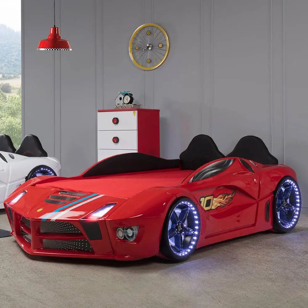 Moon Luxury Race Car Bed with Leds & Sound Effects (with Mattress) Red