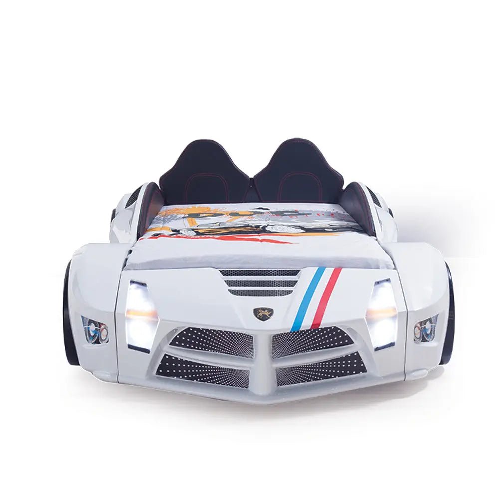 Moon Luxury Race Car Bed with Leds & Sound Effects (with Mattress) White