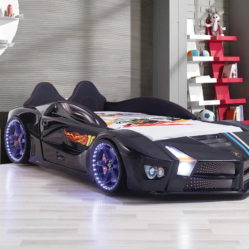 Moon Luxury Race Car Bed with Leds & Sound Effects (with Mattress) Black