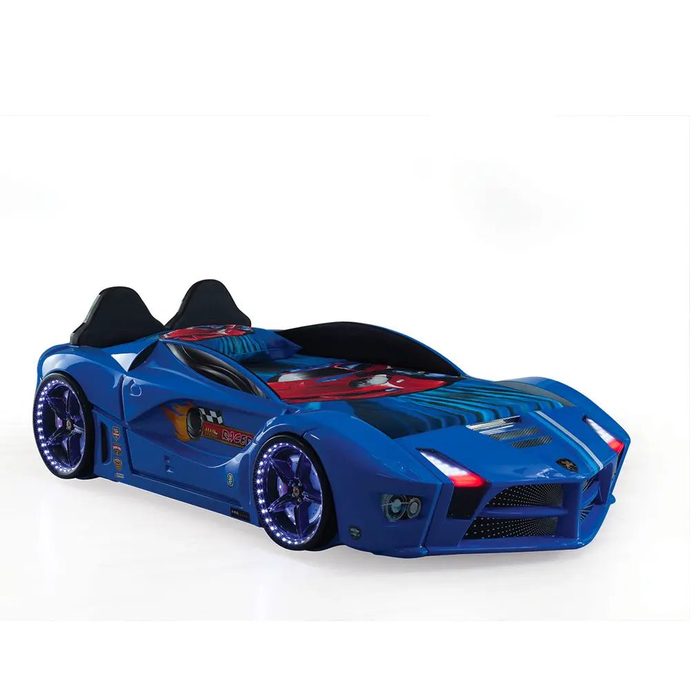 Moon Luxury Race Car Bed with Leds & Sound Effects (with Mattress) Blue